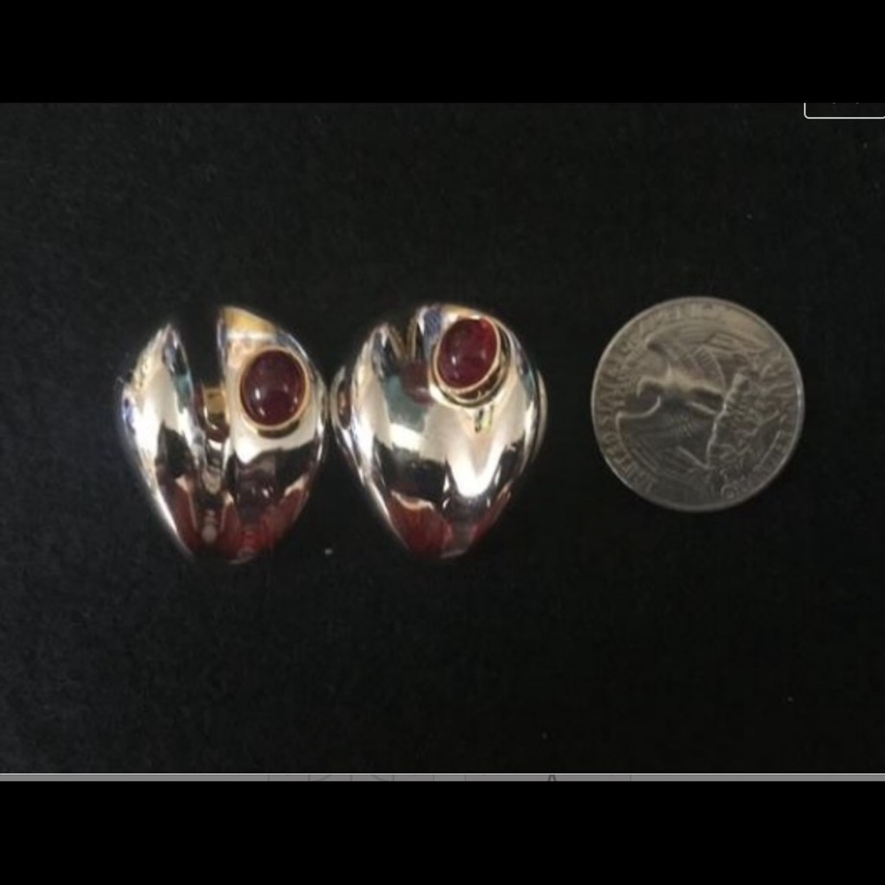 Silver Metal Clip On Earrings with Red Cabochons